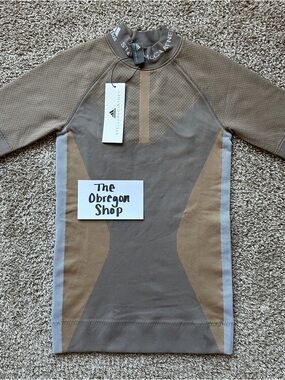 WOMENS RUNNING KNIT TEE SHIRT MOCK TURTLENECK TOP SMALL BEIGE CREAM BROWN GRAY
